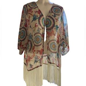 3/$35 Boho colourful cover up with looped fringes and short  sleeves .
